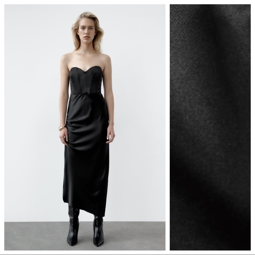 NWT. Zara Black Satin Effect Corset Sweetheart Neckline Dress. Size M.